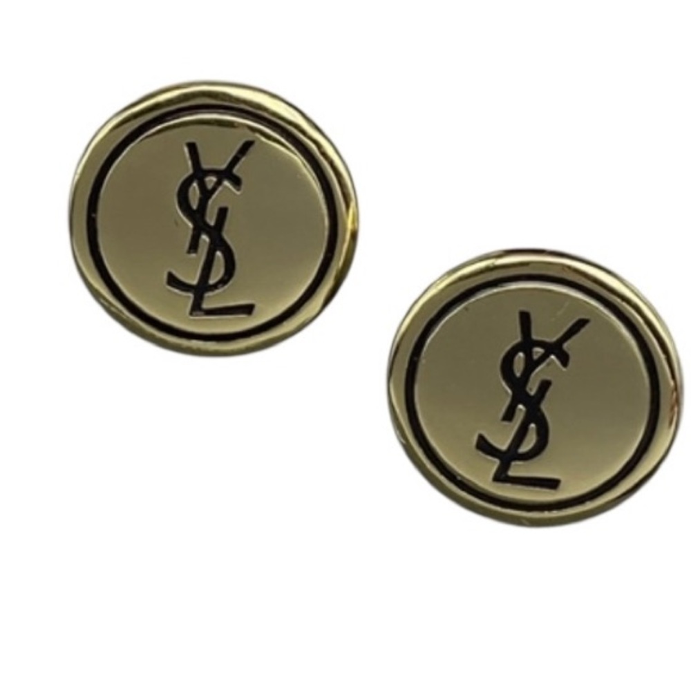Yves Saint Laurent Gold Tone Round Logo Clip-On Earrings with Black Detail